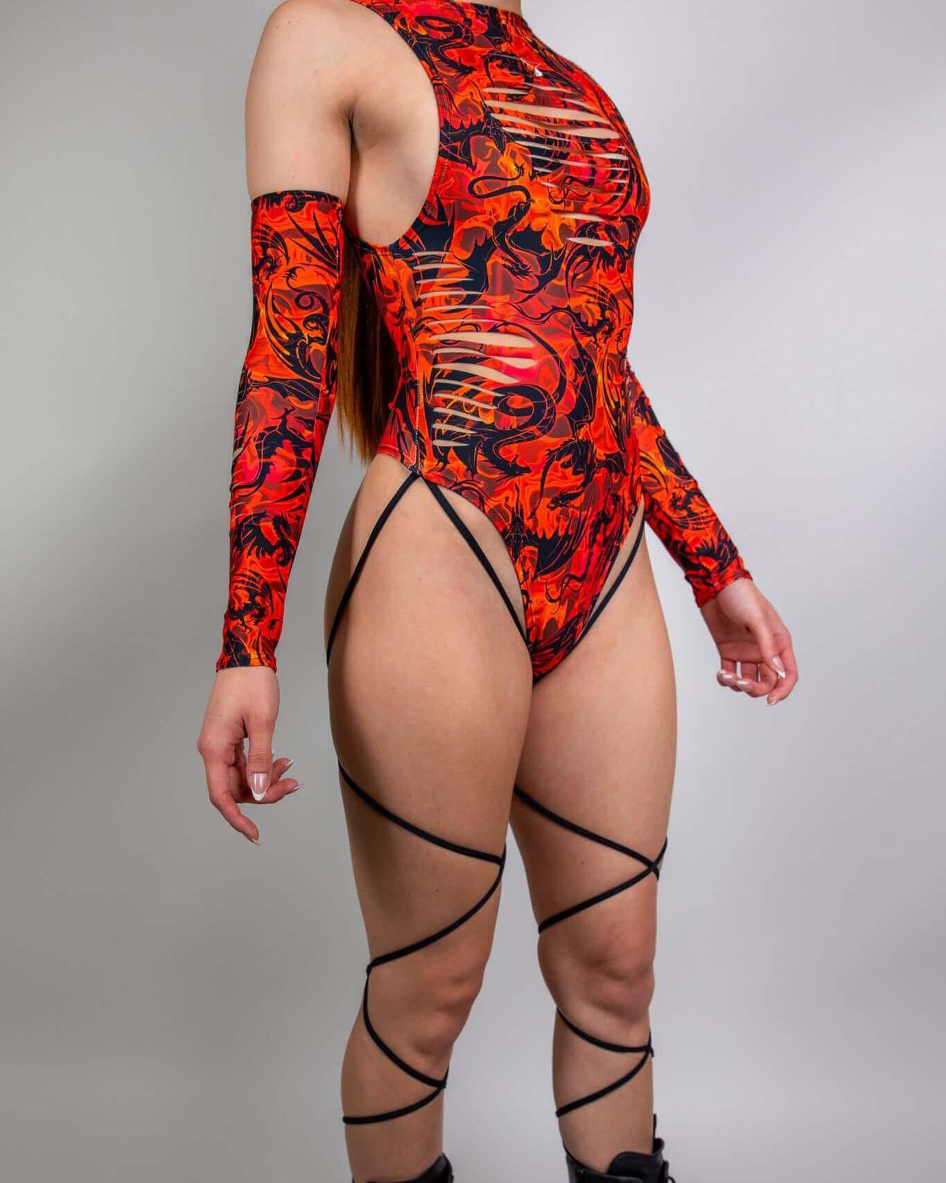 Forbidden Slit Sideboob Bodysuit with leg straps, vibrant red and black design, perfect for rave outfits.