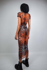 Model showcasing Fossil Mesh Baby Tee Maxi Dress, a stylish and breathable outfit perfect for raves or nightclubs.