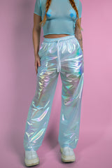 Frost Lucy Pants in iridescent blue, front view, high-waisted design with relaxed fit and shimmering finish, perfect for rave fashion and festival wear.