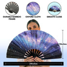 Festival Fans with a galaxy design, showcasing durable bamboo frame and oxford cloth, perfect for rave outfits.