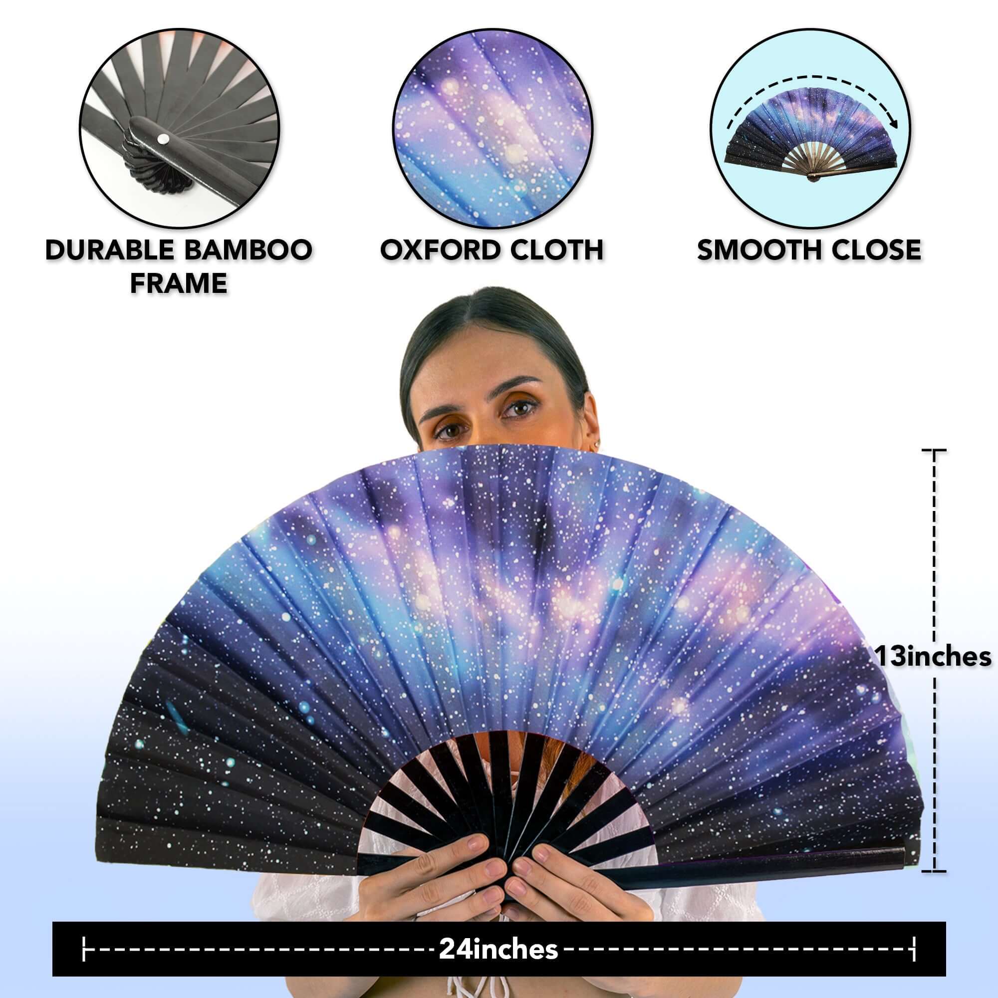 Festival Fans with a galaxy design, showcasing durable bamboo frame and oxford cloth, perfect for rave outfits.