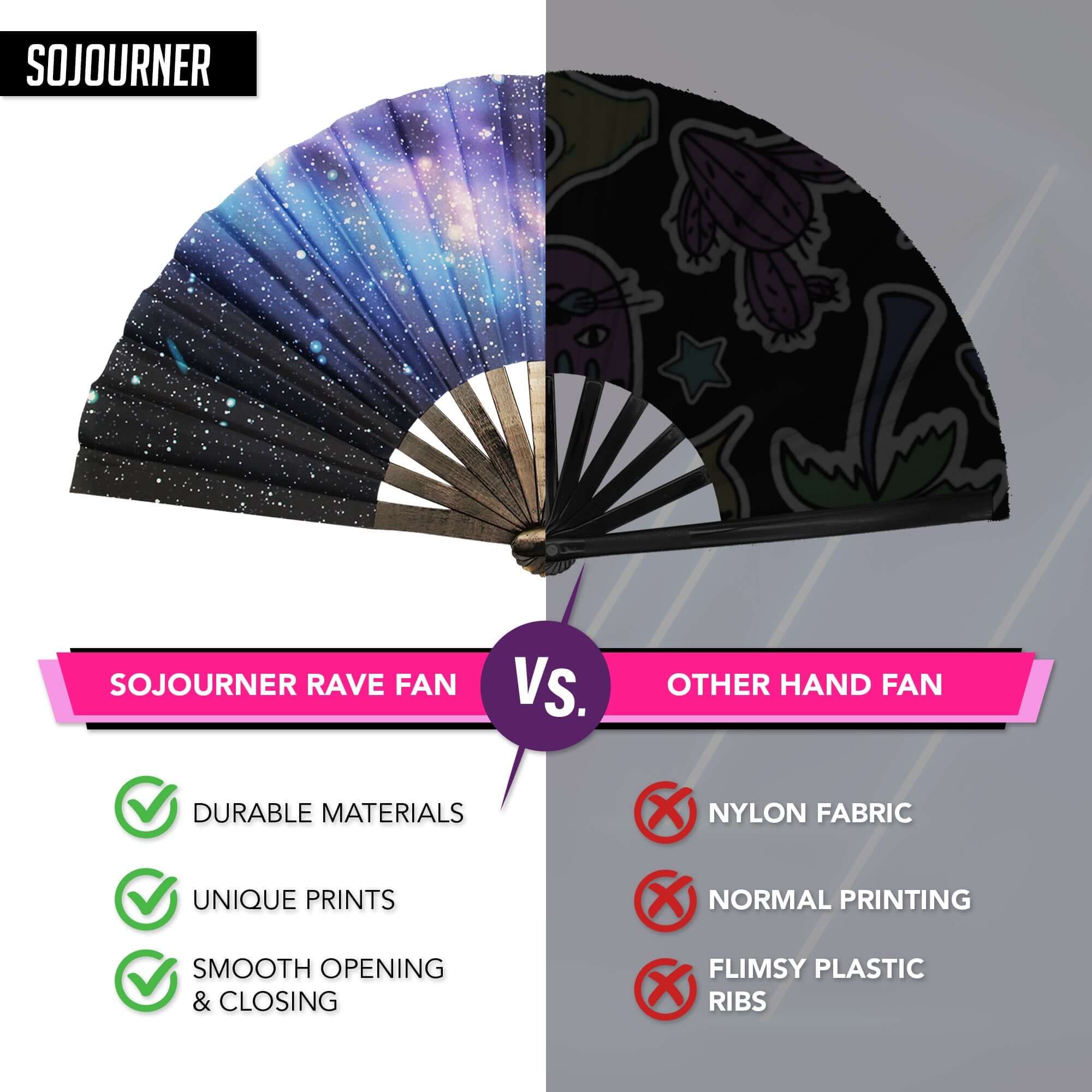 Festival Fans comparison with durable materials, unique prints, and smooth opening for rave outfits.