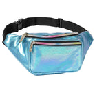 Rave Fanny Pack in shiny blue with multiple zippered pockets for festivals and outdoor activities.