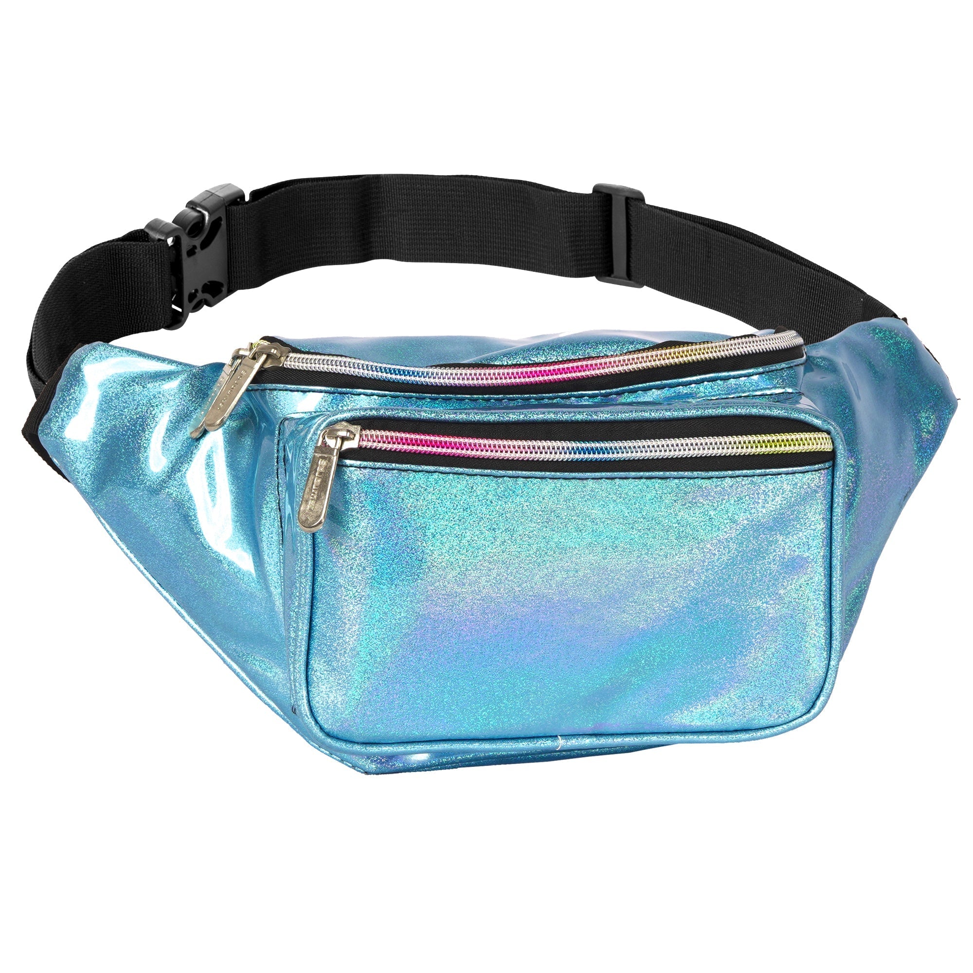 Rave Fanny Pack in shiny blue with multiple zippered pockets for festivals and outdoor activities.