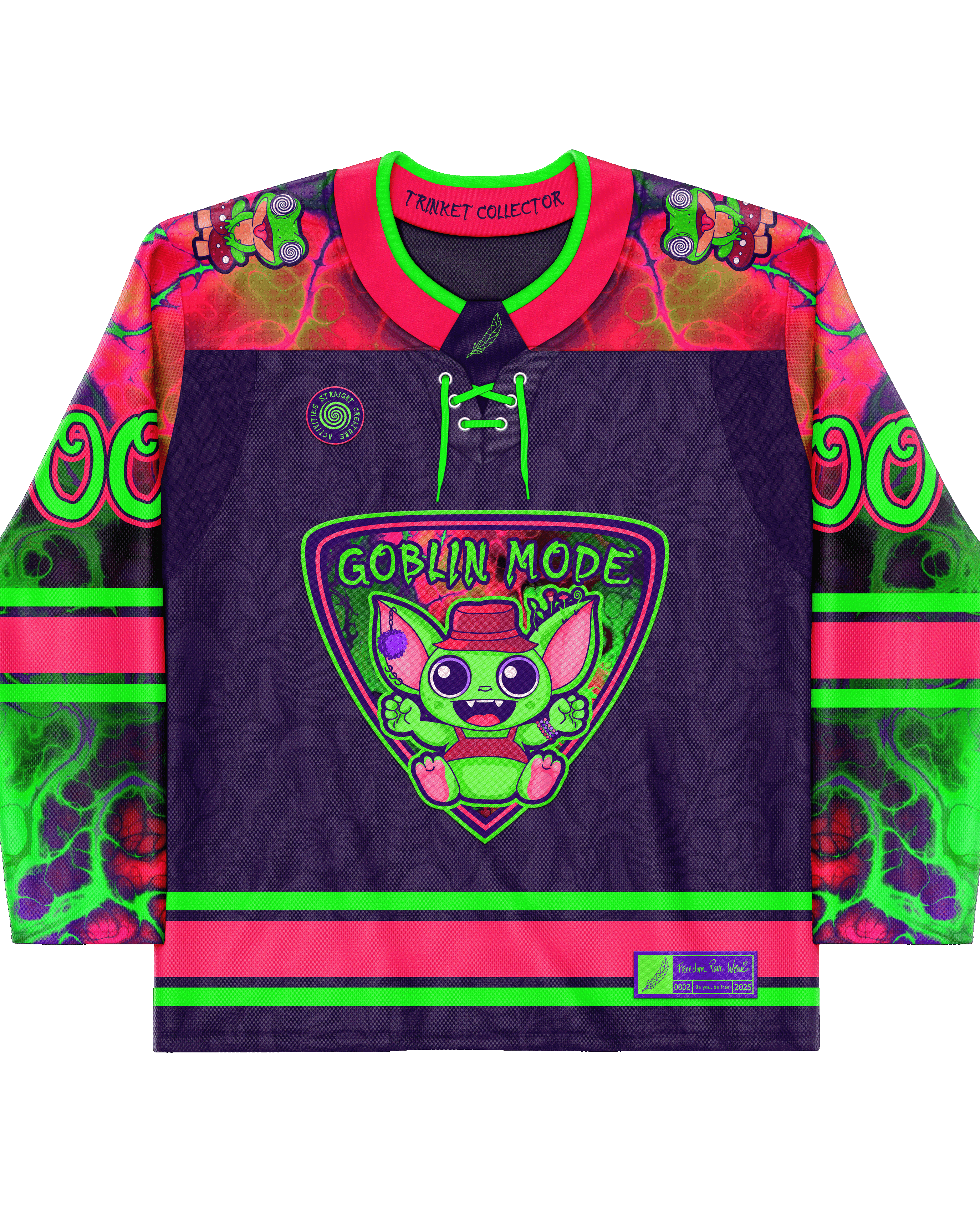 Front view of the Goblin Mode Hockey Jersey featuring bold colors and a goblin emblem design.