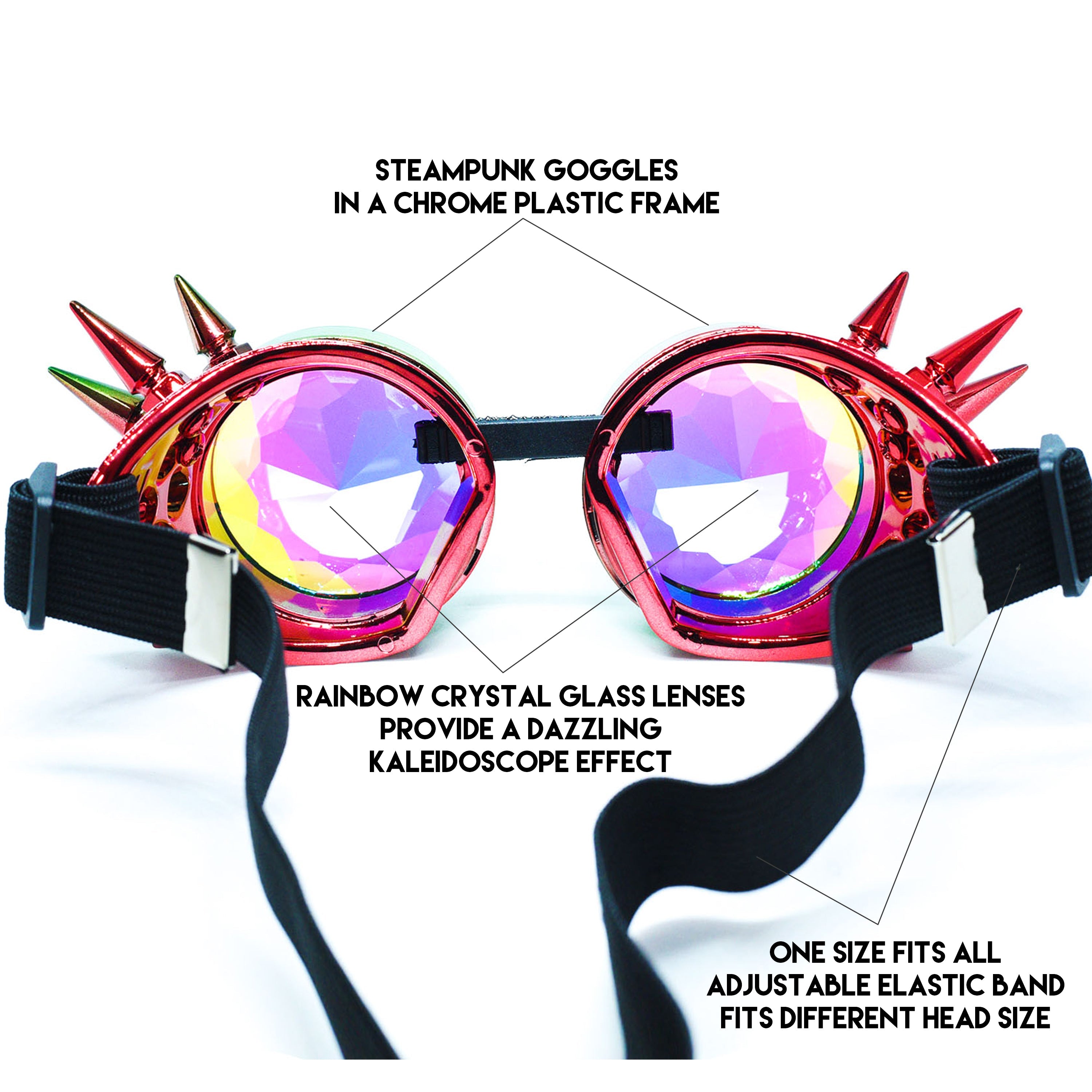 Steampunk Goggles and Kaleidoscope Glasses with rainbow crystal lenses in a chrome plastic frame for rave outfits.