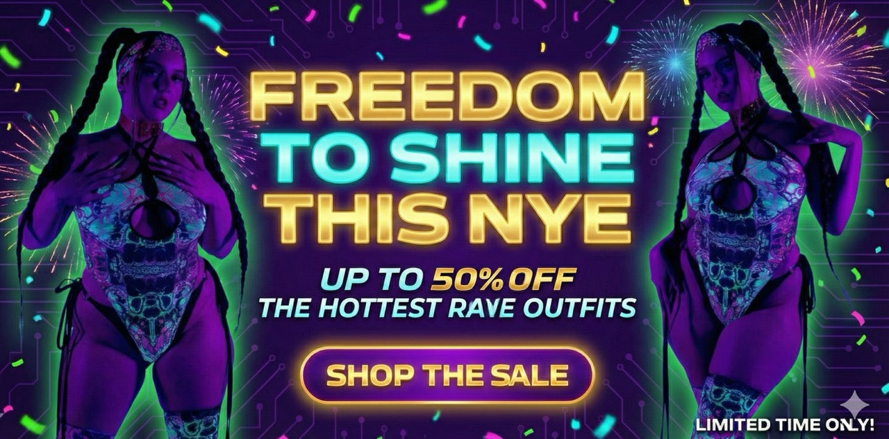 Promotional banner for rave outfits with neon text and models in outfits.