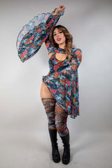 Front view of Good Fortune Mesh Bell Sleeves, featuring flowy sheer fabric with bold Japanese tattoo-inspired artwork.