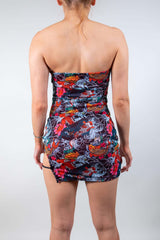 Back view of the Good Fortune Mesh Christina Dress, highlighting the strapless design and bold tattoo-inspired print.