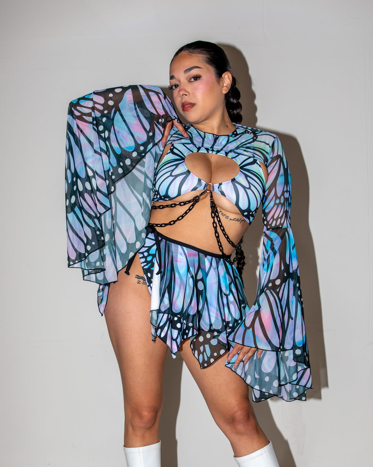 Gossamer Mesh Bell Sleeves - rave arm sleeves - front view - Freedom Rave Wear