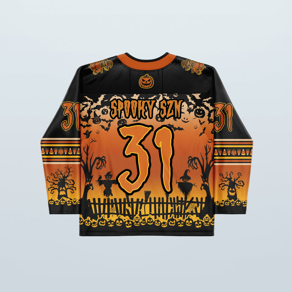 Spooky Szn Hockey Jersey - Limited Editon featuring vibrant Halloween designs and glowing pumpkins.