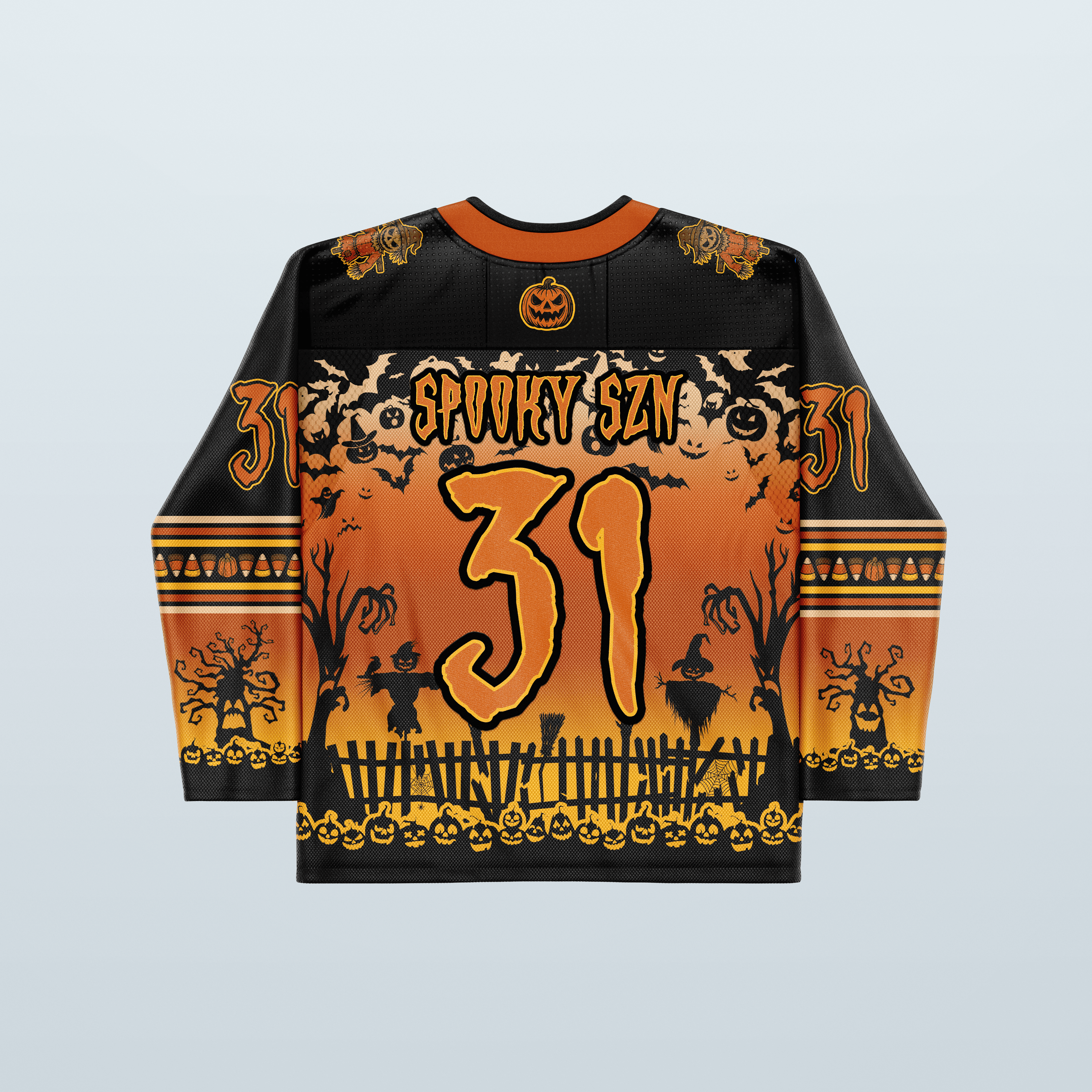 Spooky Szn Hockey Jersey - Limited Editon featuring vibrant Halloween designs and glowing pumpkins.