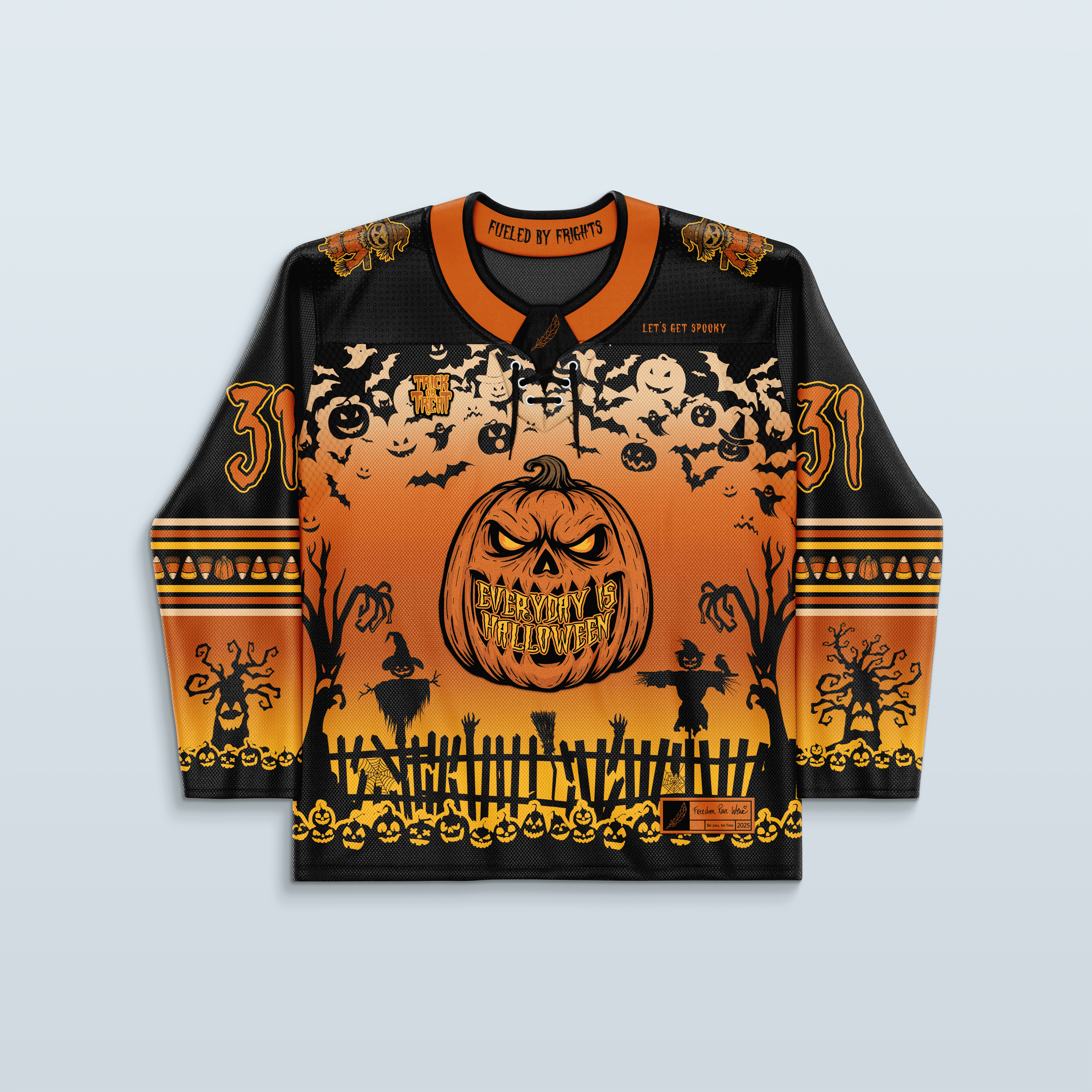 Spooky Szn Hockey Jersey - Limited Editon featuring a pumpkin design and Halloween-themed graphics for rave outfits.