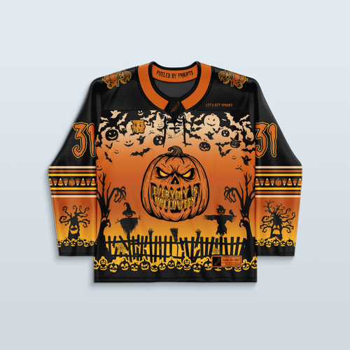 Spooky Szn Hockey Jersey - Limited Editon featuring a pumpkin design and Halloween-themed graphics for rave outfits.