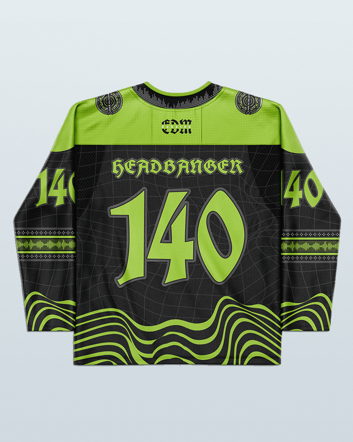 Dubstep Hockey Jersey featuring bold green 'HEADBANGER' design, ideal rave clothing for electronic music fans.