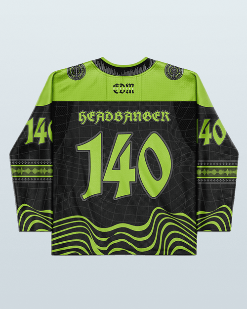 Dubstep Hockey Jersey featuring bold green 'HEADBANGER' design, ideal rave clothing for electronic music fans.