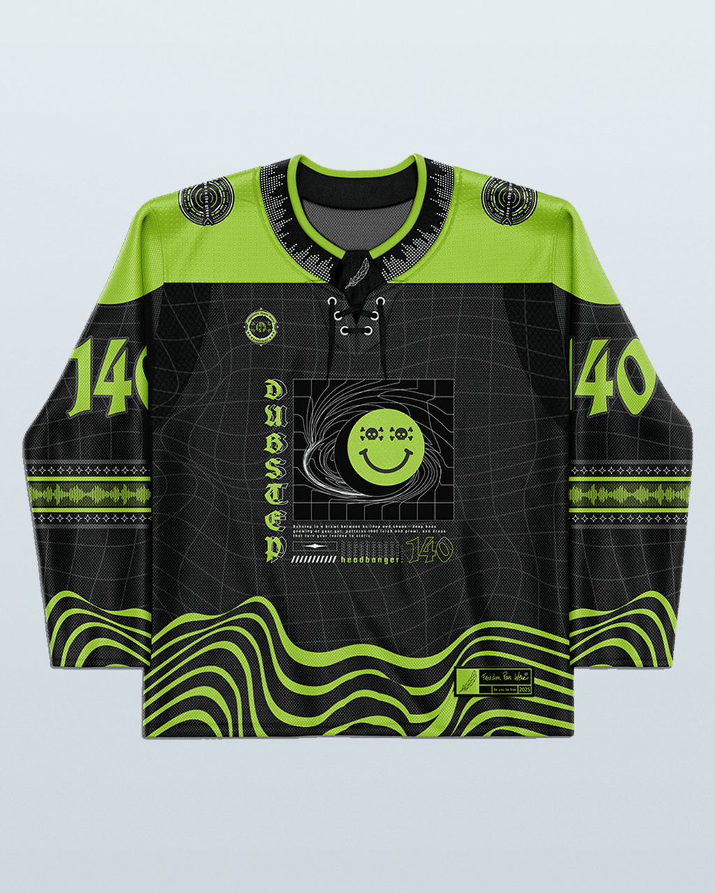 Dubstep hockey jersey in black and neon green, perfect for rave clothing enthusiasts.