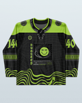 Dubstep hockey jersey in black and neon green, perfect for rave clothing enthusiasts.
