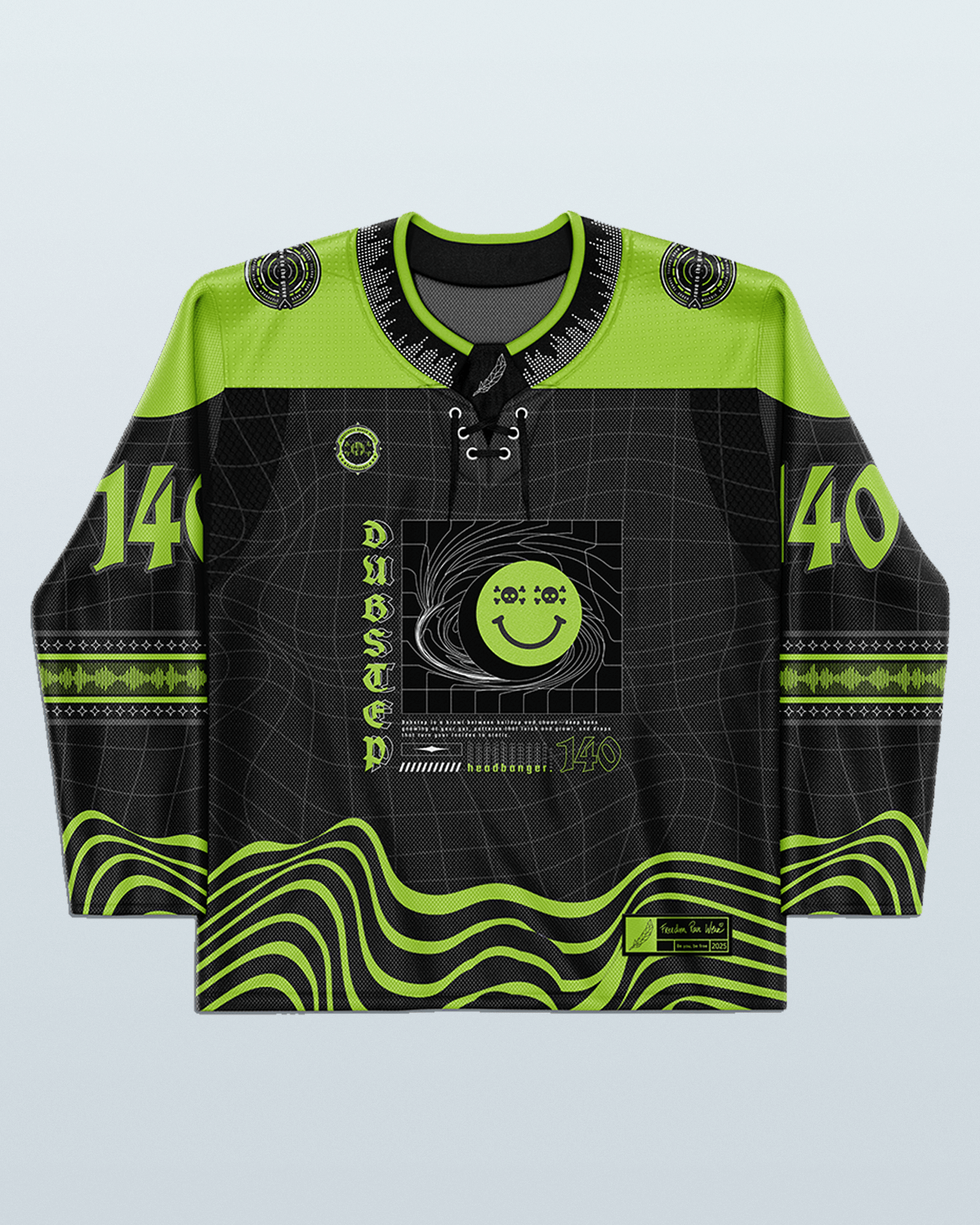 Dubstep hockey jersey in black and neon green, perfect for rave clothing enthusiasts.