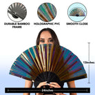Festival Fans showcasing a woman holding a large holographic fan with bamboo frame, perfect for rave outfits.