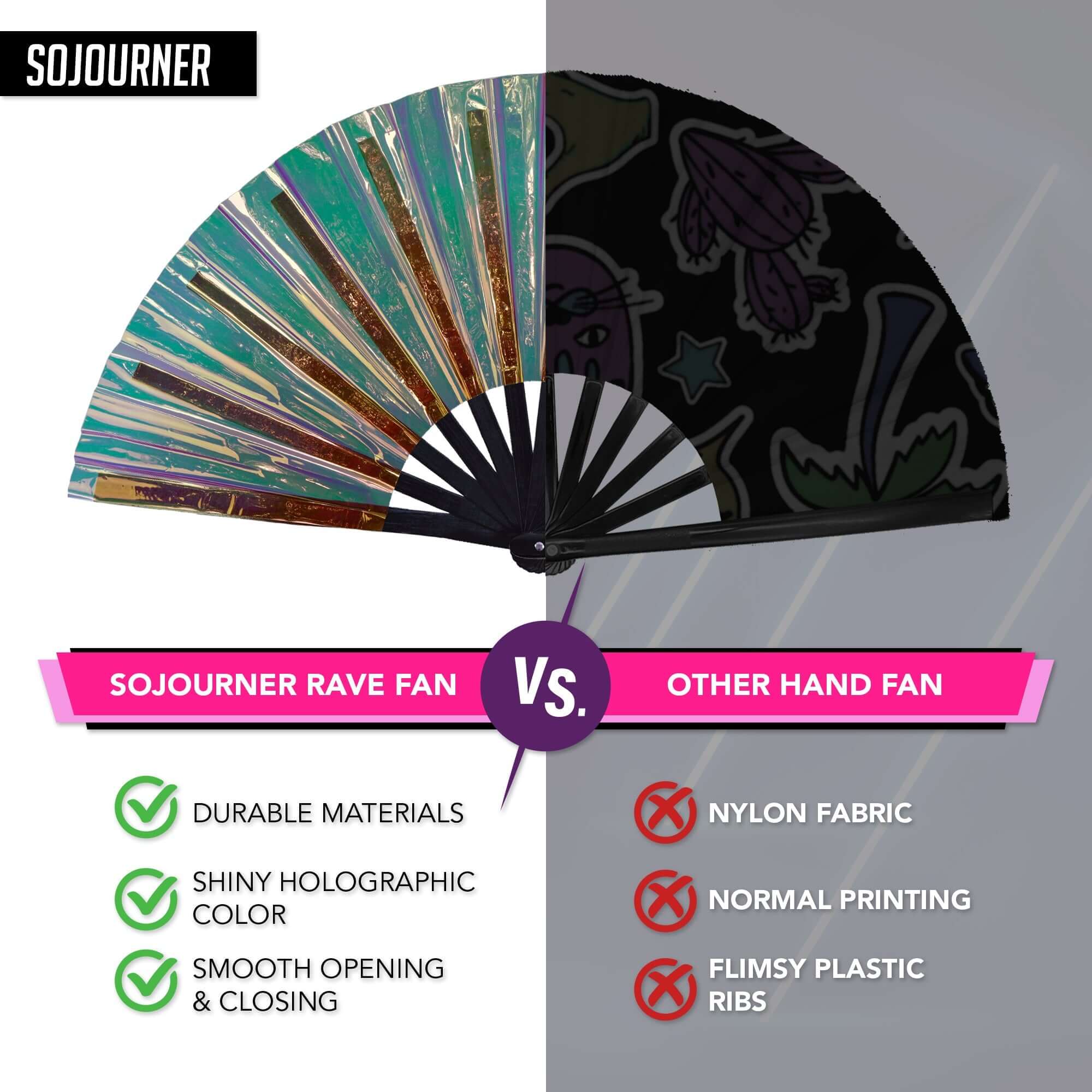 Comparison of SoJourner Festival Fans and other hand fans showcasing durability and design features.