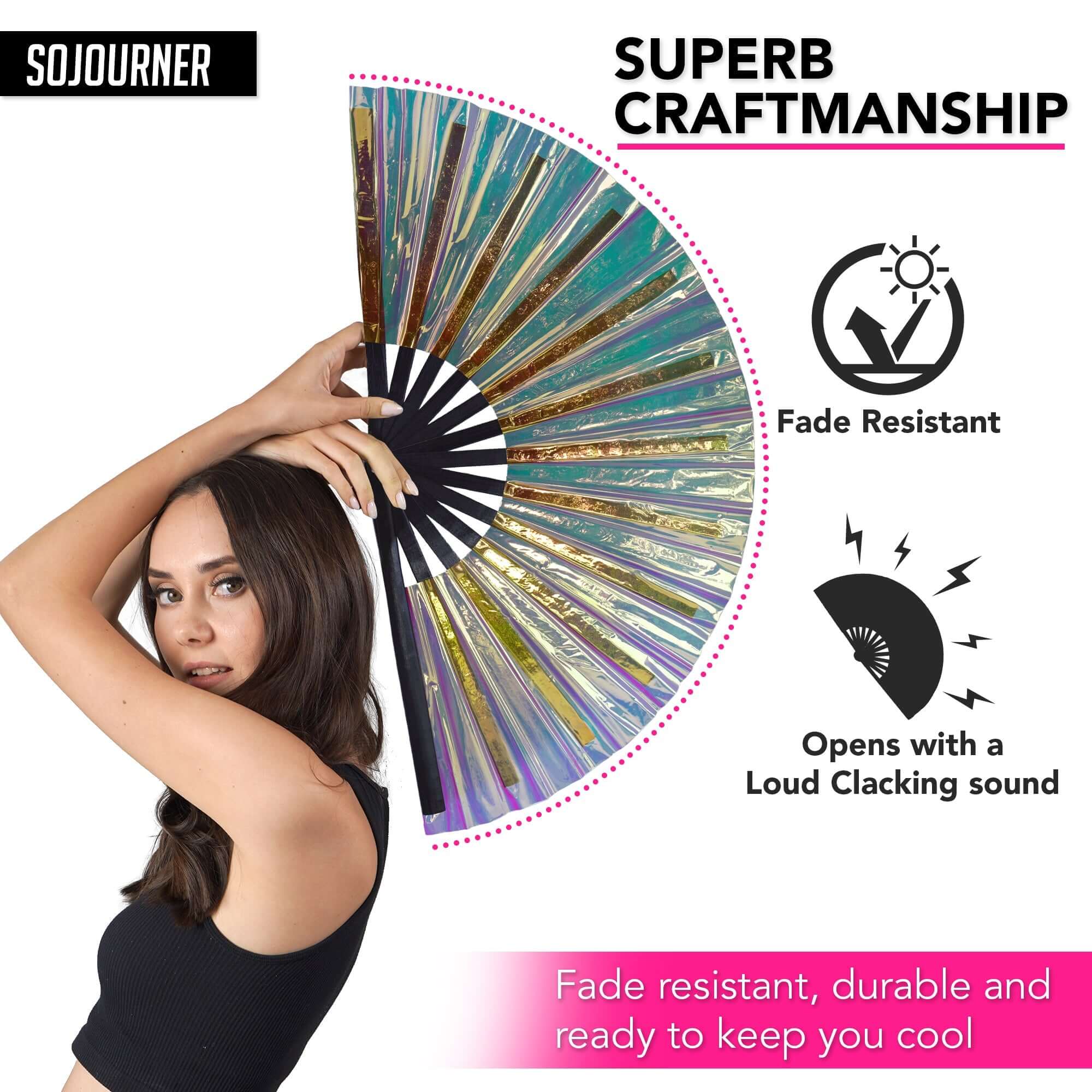 Festival Fans - Large folding fans featuring cute holographic design, ideal rave outfits for festivals and parties.