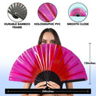 Festival Fans in hand, showcasing durable bamboo frame and holographic PVC for rave outfits and dance events.