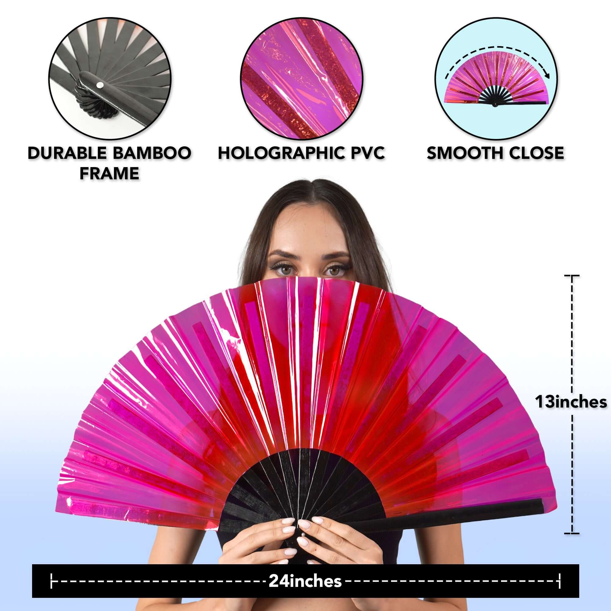 Festival Fans in hand, showcasing durable bamboo frame and holographic PVC for rave outfits and dance events.
