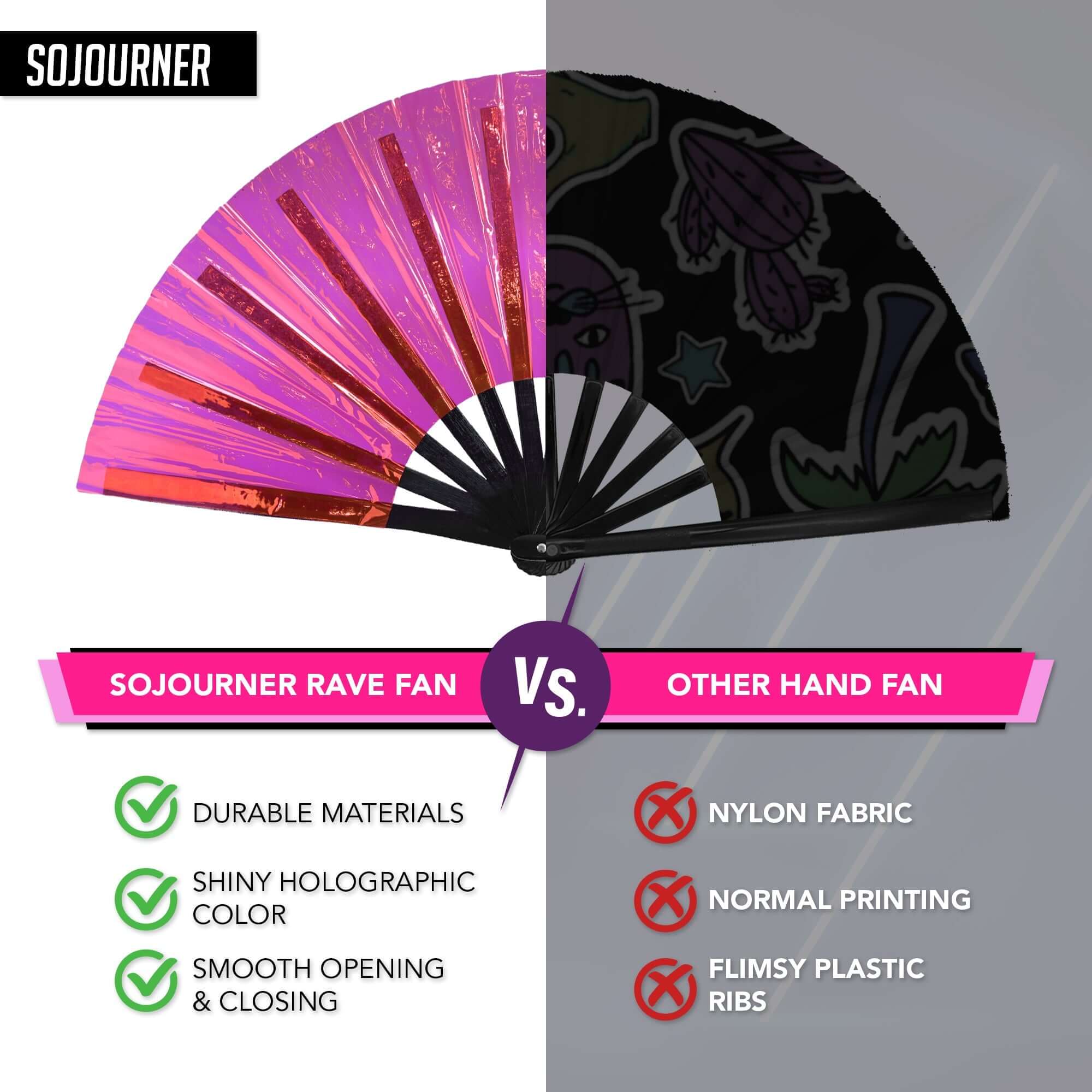 Comparison of SoJourner Festival Fans vs other hand fans with glossy holographic design and durability features.