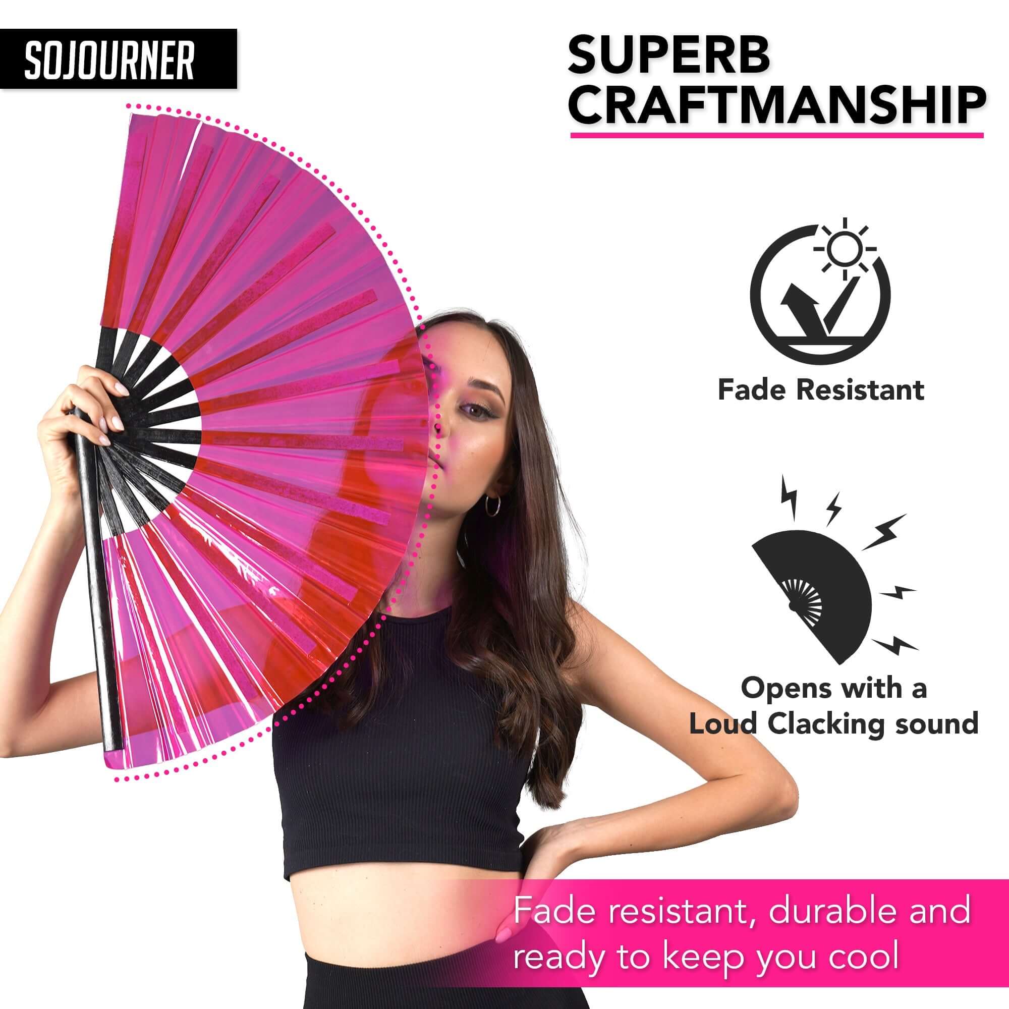 Festival Fans - Large folding fan in pink for raves, parties, and burlesque with superb craftsmanship.