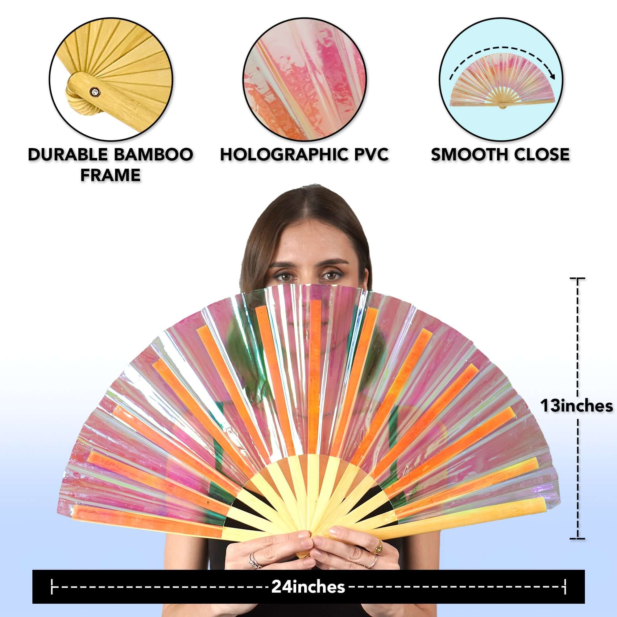 Festival Fans - Holographic folding fan with durable bamboo frame, perfect for rave outfits and festivals.