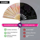 Festival Fans comparison of SoJourner rave fan with durable materials vs. other hand fans with nylon fabric.