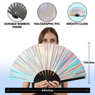Festival Fans with durable bamboo frame and holographic PVC, perfect for raves and parties.