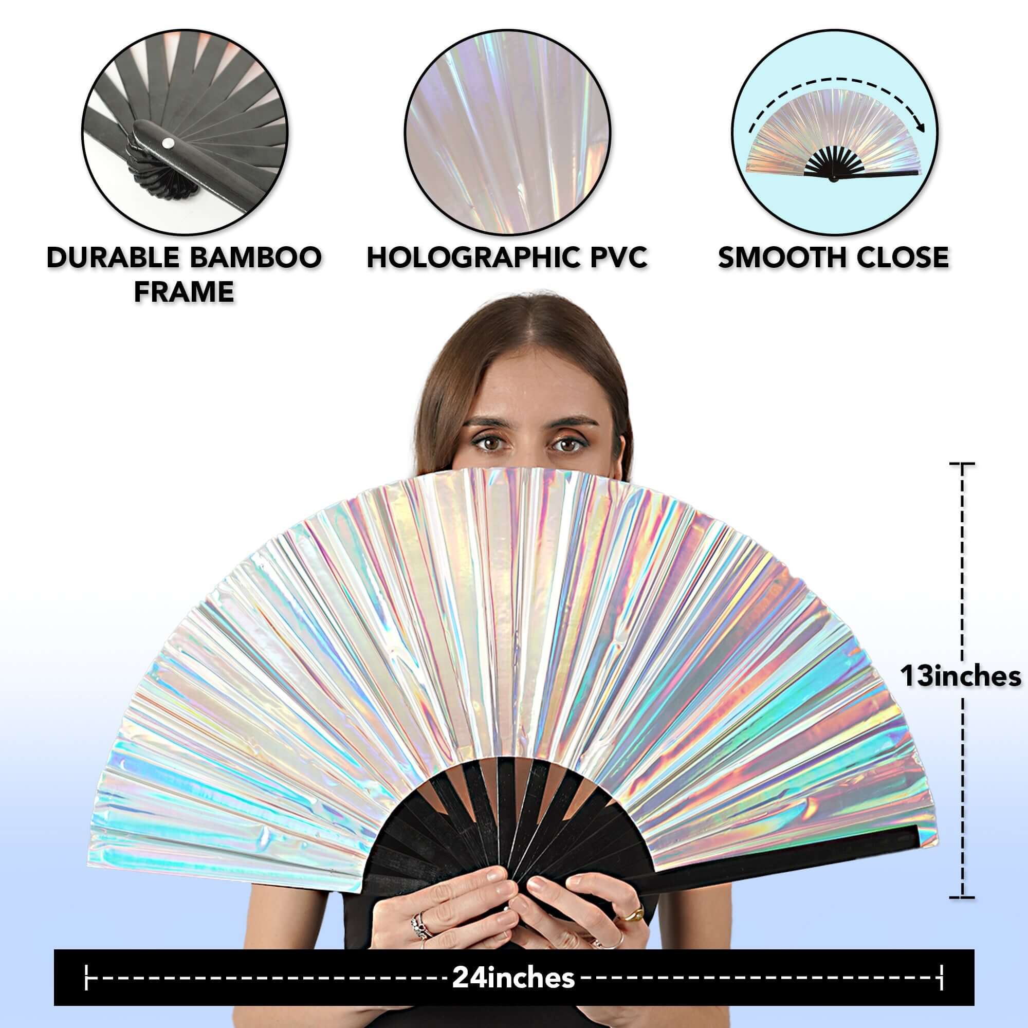 Festival Fans with durable bamboo frame and holographic PVC, perfect for raves and parties.