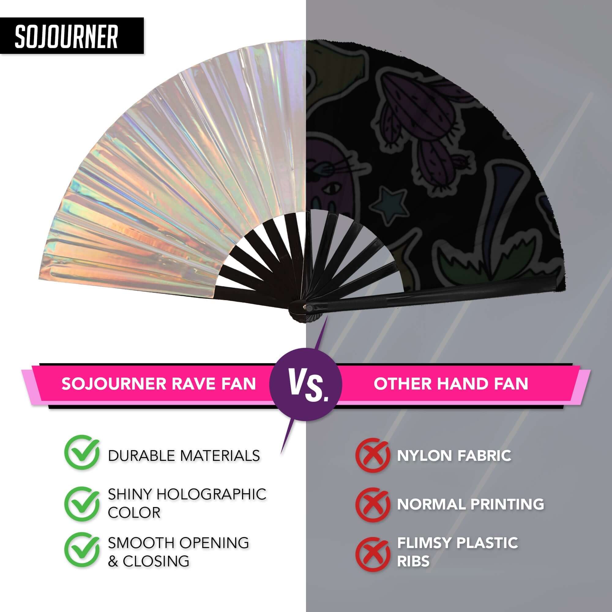 Comparison of SoJourner Festival Fans with other hand fans showcasing durability and design features.