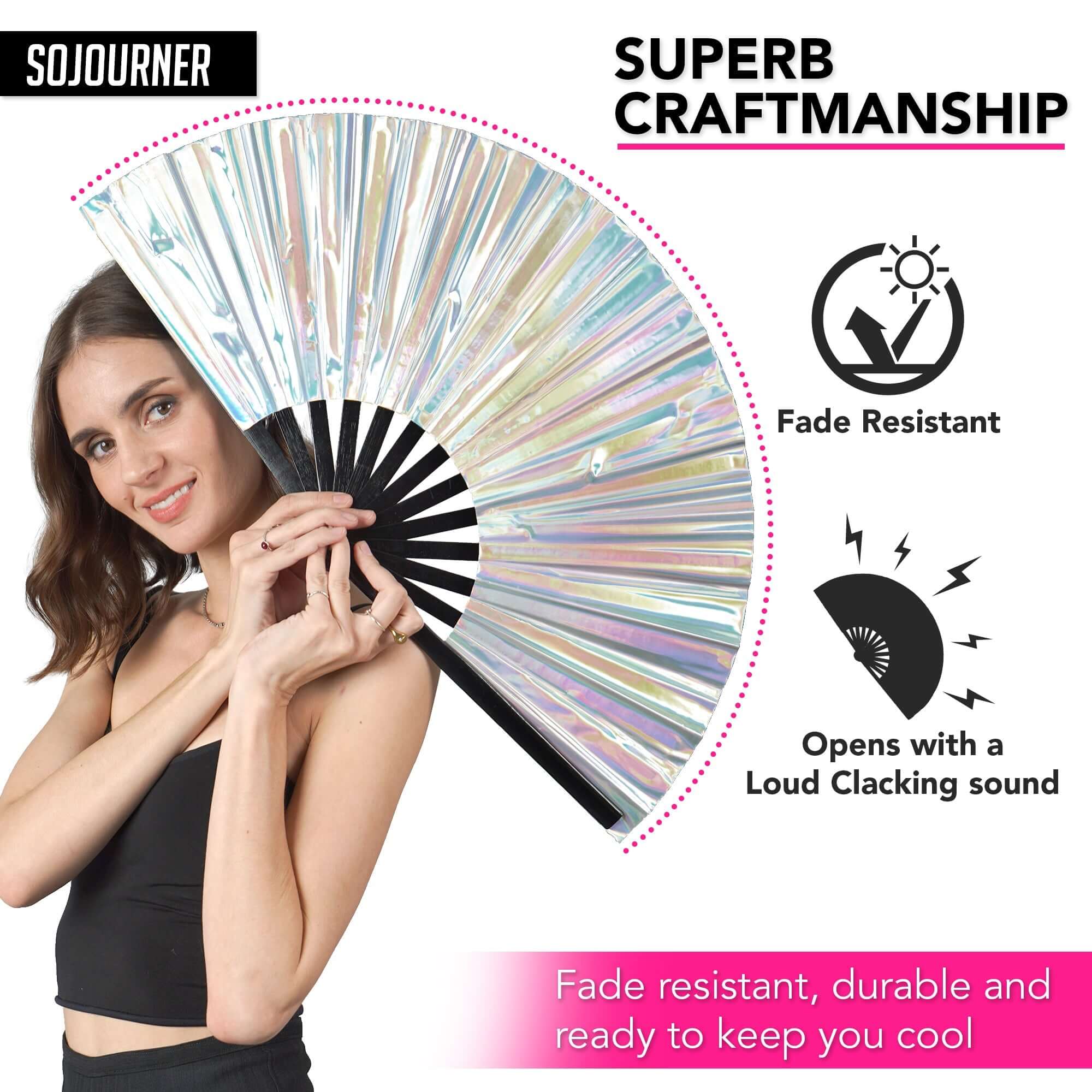 Festival Fans – Large folding fan with holographic design, perfect for raves and drag performances.
