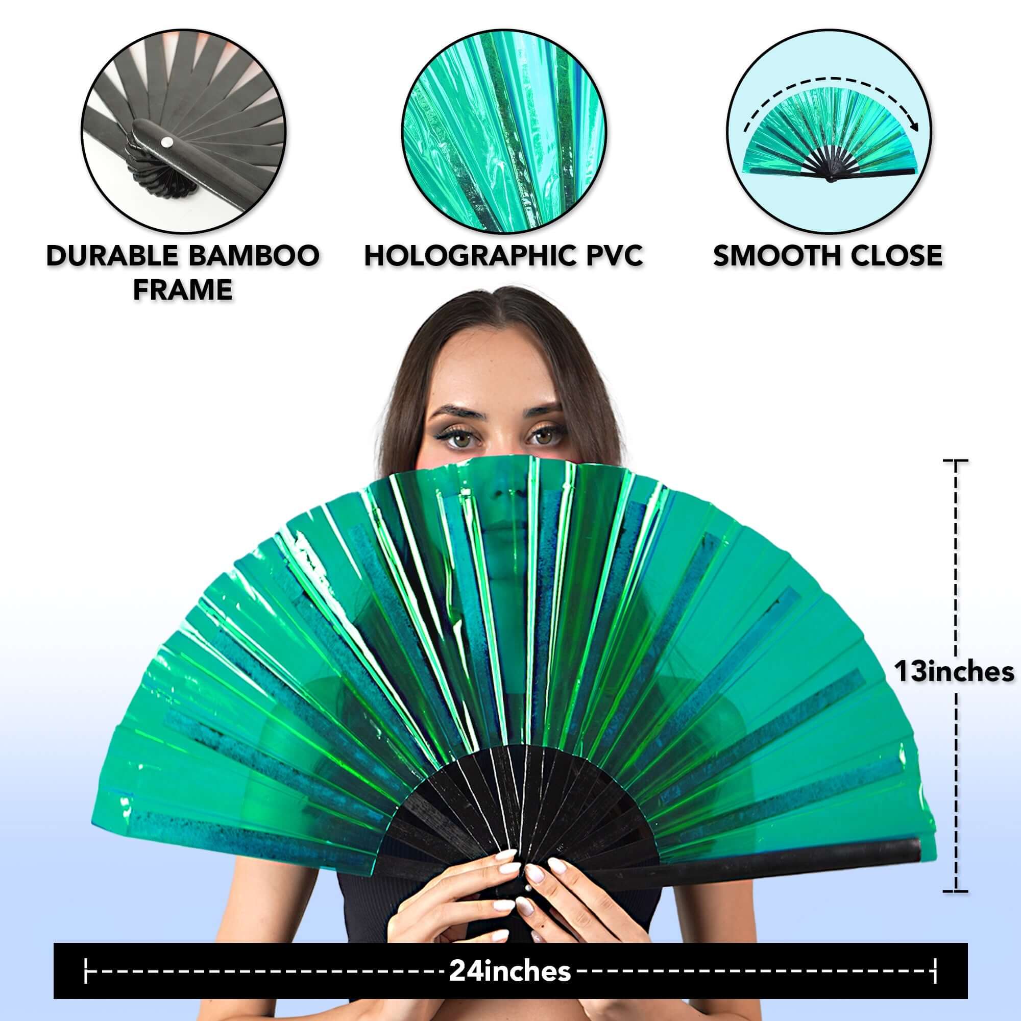 Festival Fans showcasing a model holding a holographic bamboo folding fan, perfect for raves and festivals.