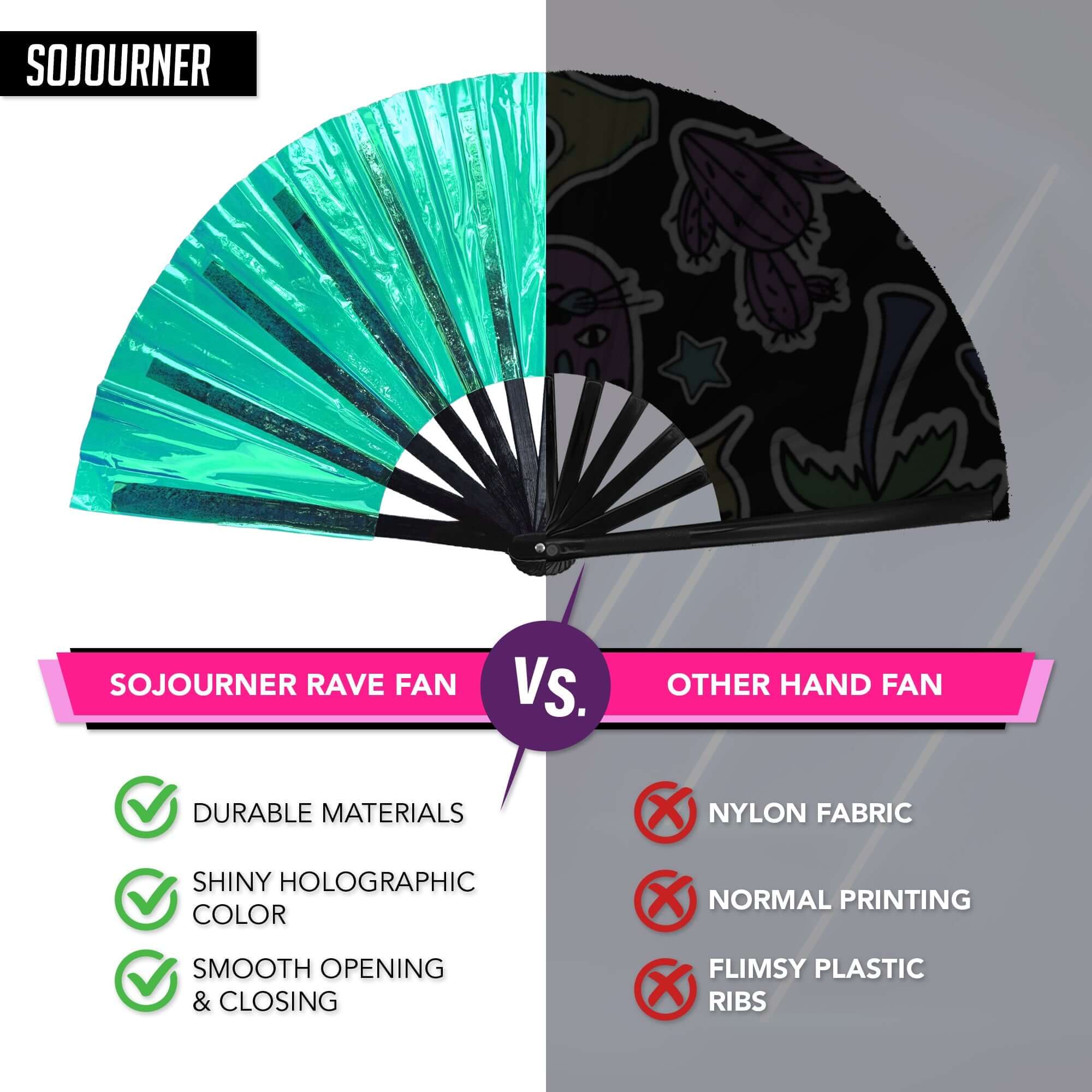 Comparison image of Festival Fans, highlighting SoJourner rave fan's durability and design versus other hand fans.