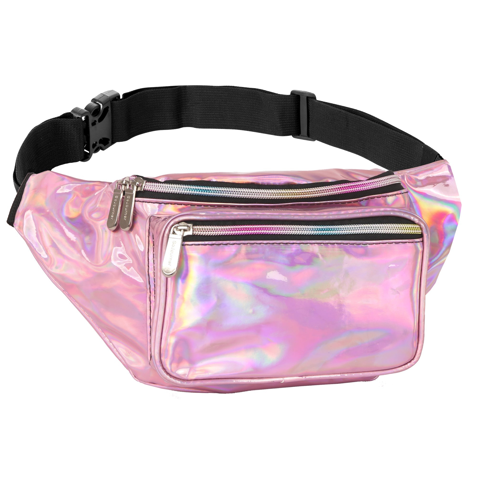 Rave Fanny Pack in shiny pink with multiple zippers, perfect for music festivals and travel.