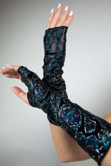 Hellcat gloves with thumb holes and over-the-wrist design, perfect for rave outfits and stylish dance performances.