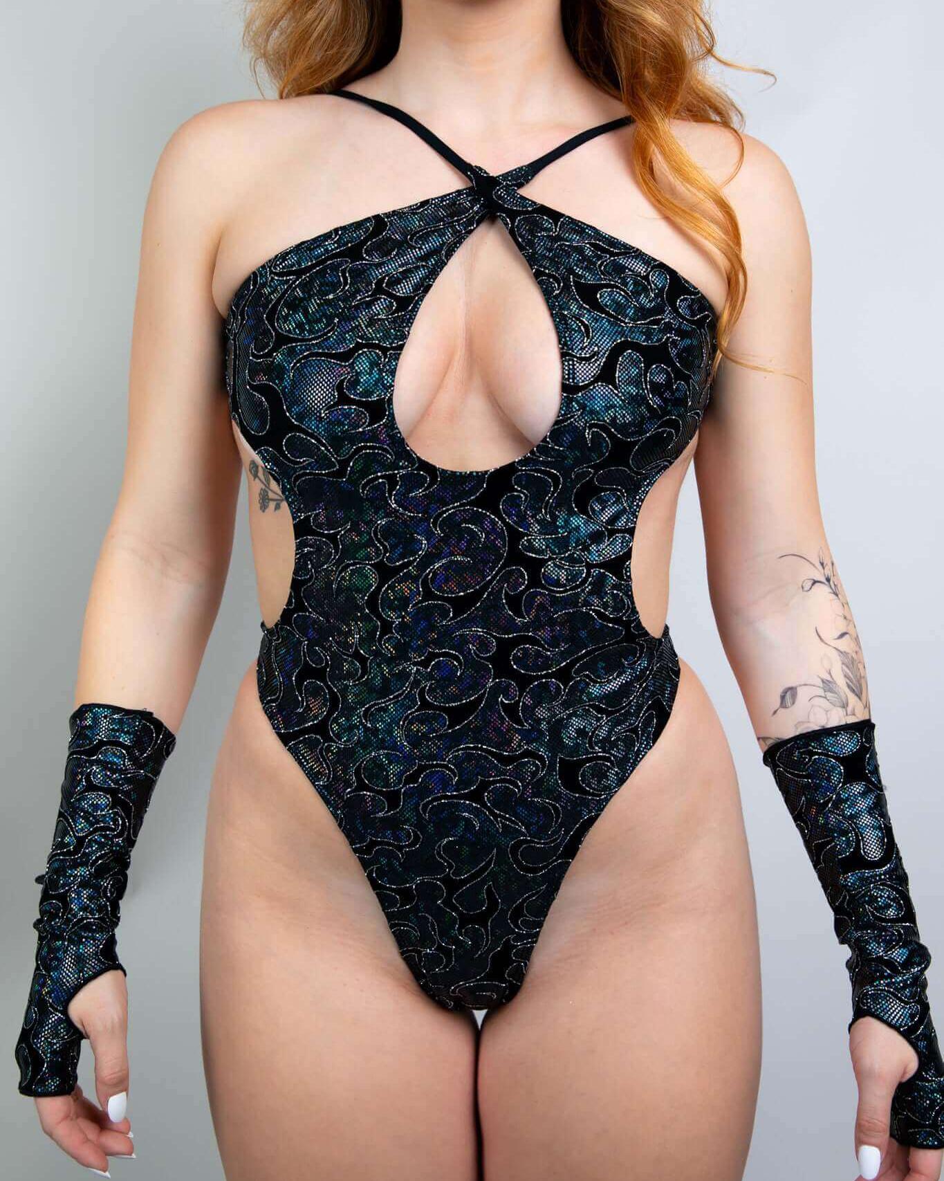 Hellcat Halo Bodysuit with high-hip cut, keyhole chest, and exposed sides, perfect for rave outfits.