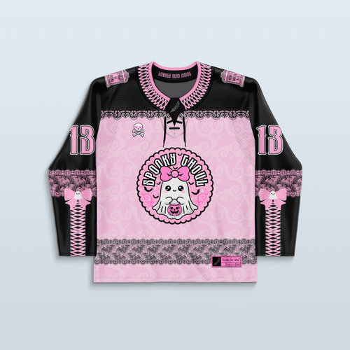 Boo Hockey Jersey - Limited Editon featuring a pink design with ghost and pumpkin graphics, perfect for rave outfits.