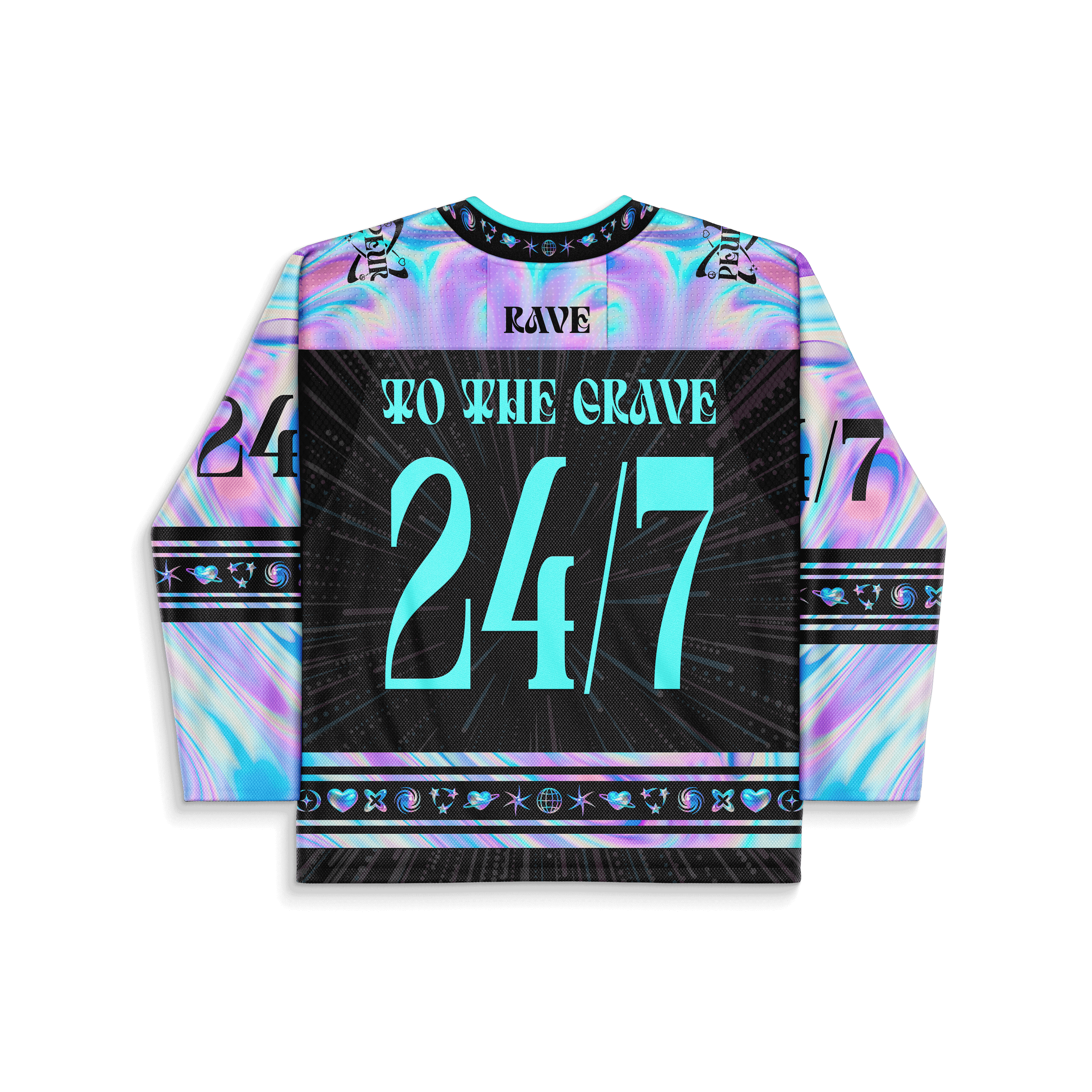 Rave to the Grave Hockey Jersey - LIMITED EDITION featuring iridescent design and skull graphics.