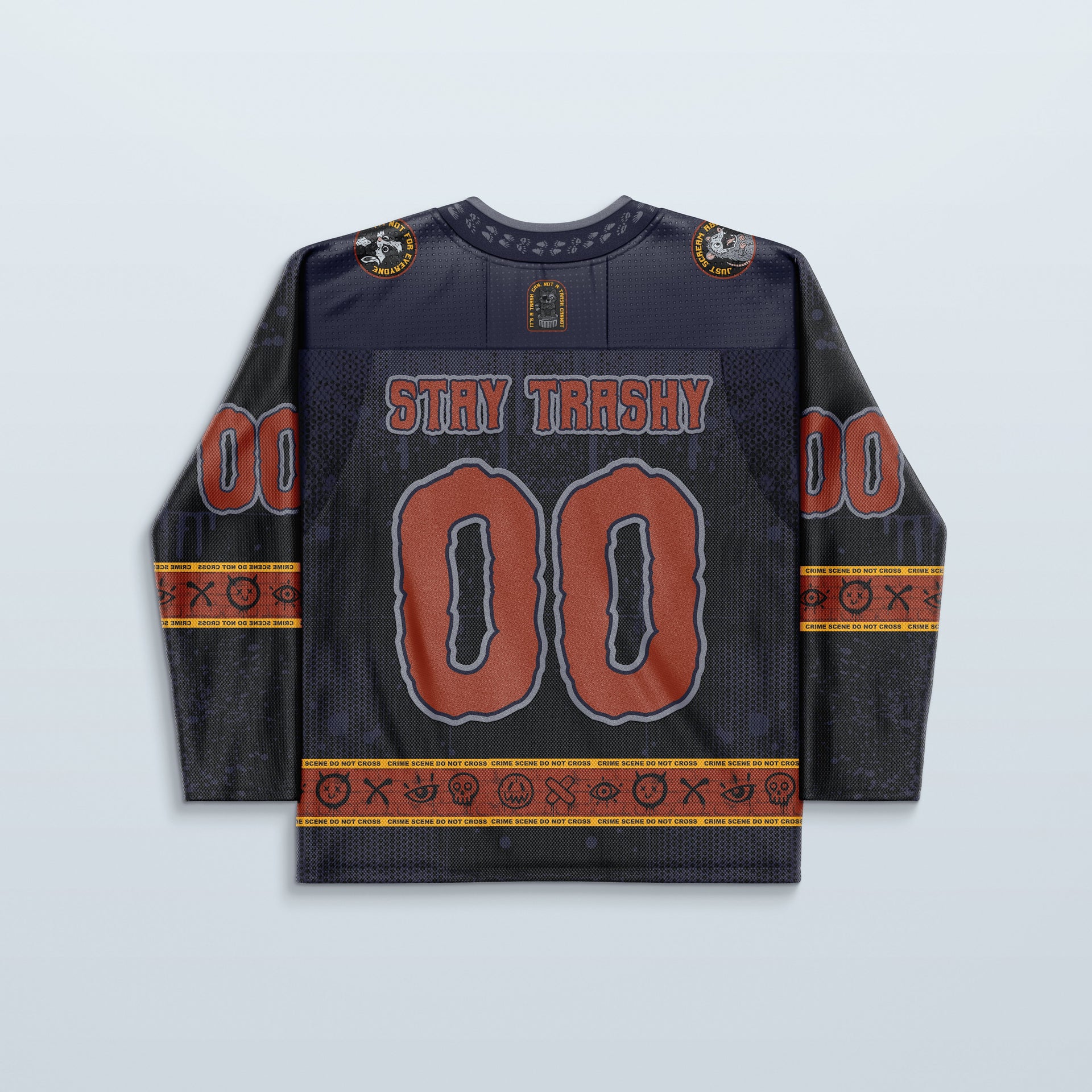Alt Tag: Trash Brigade Hockey Jersey back view with Stay Trashy text, double zero 00, dark graffiti crime scene tape details
