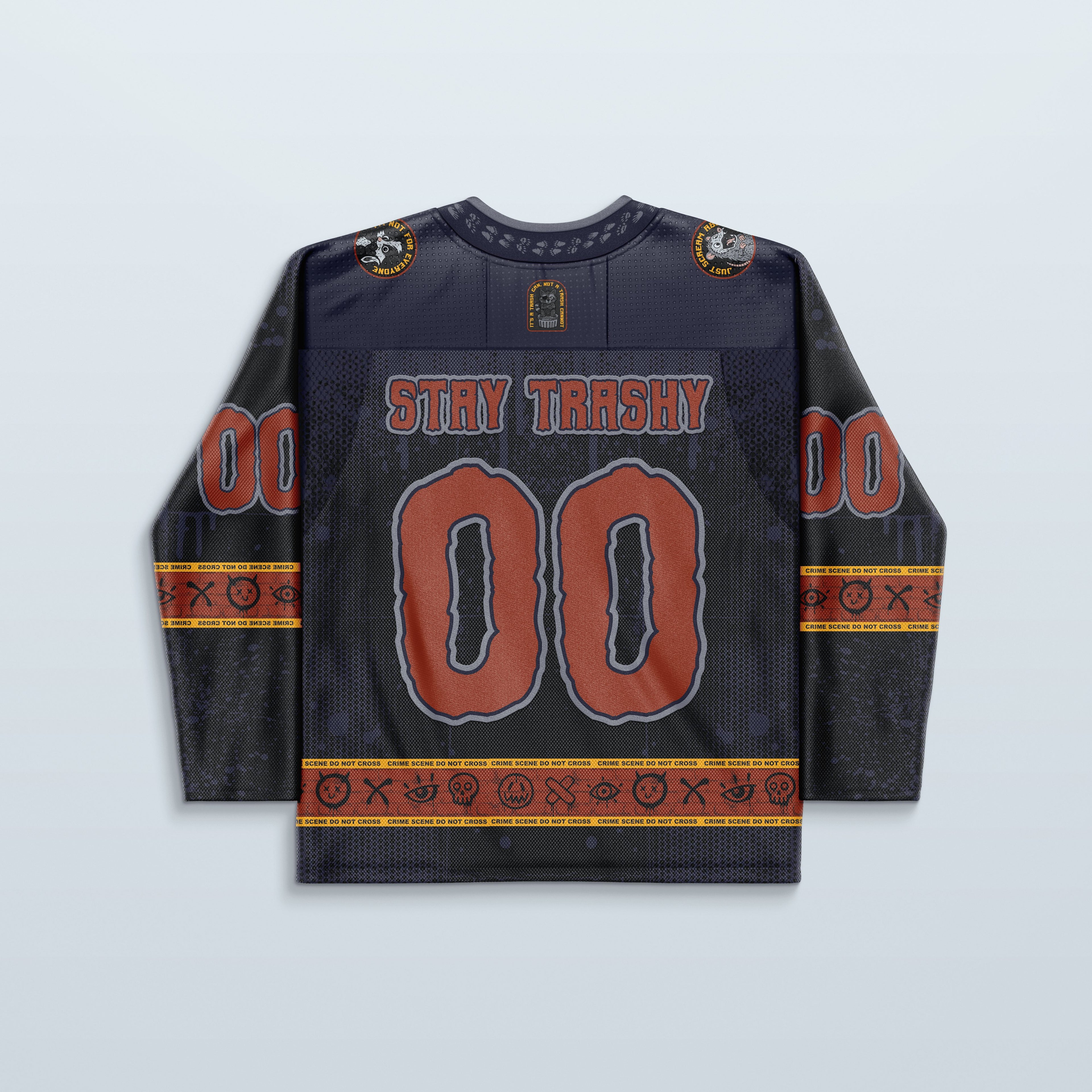 Alt Tag: Trash Brigade Hockey Jersey back view with Stay Trashy text, double zero 00, dark graffiti crime scene tape details