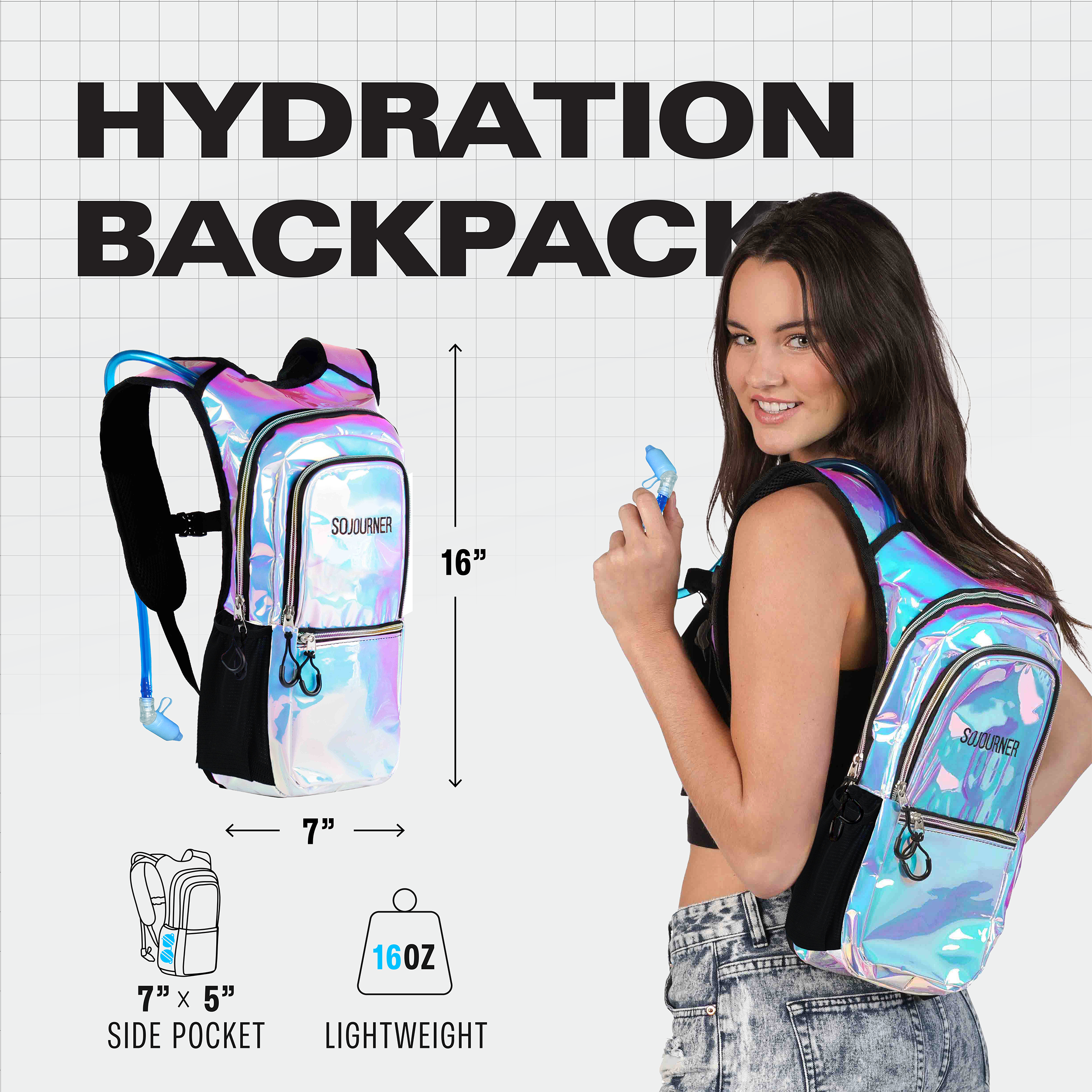 Hydration Pack Backpack (Medium) with adjustable straps and iridescent design, perfect for rave outfits and hydration on the go.