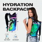 Hydration Pack Backpack (Small) with comfortable fit and vibrant design for rave outfits, showcasing side pocket and lightweight features.