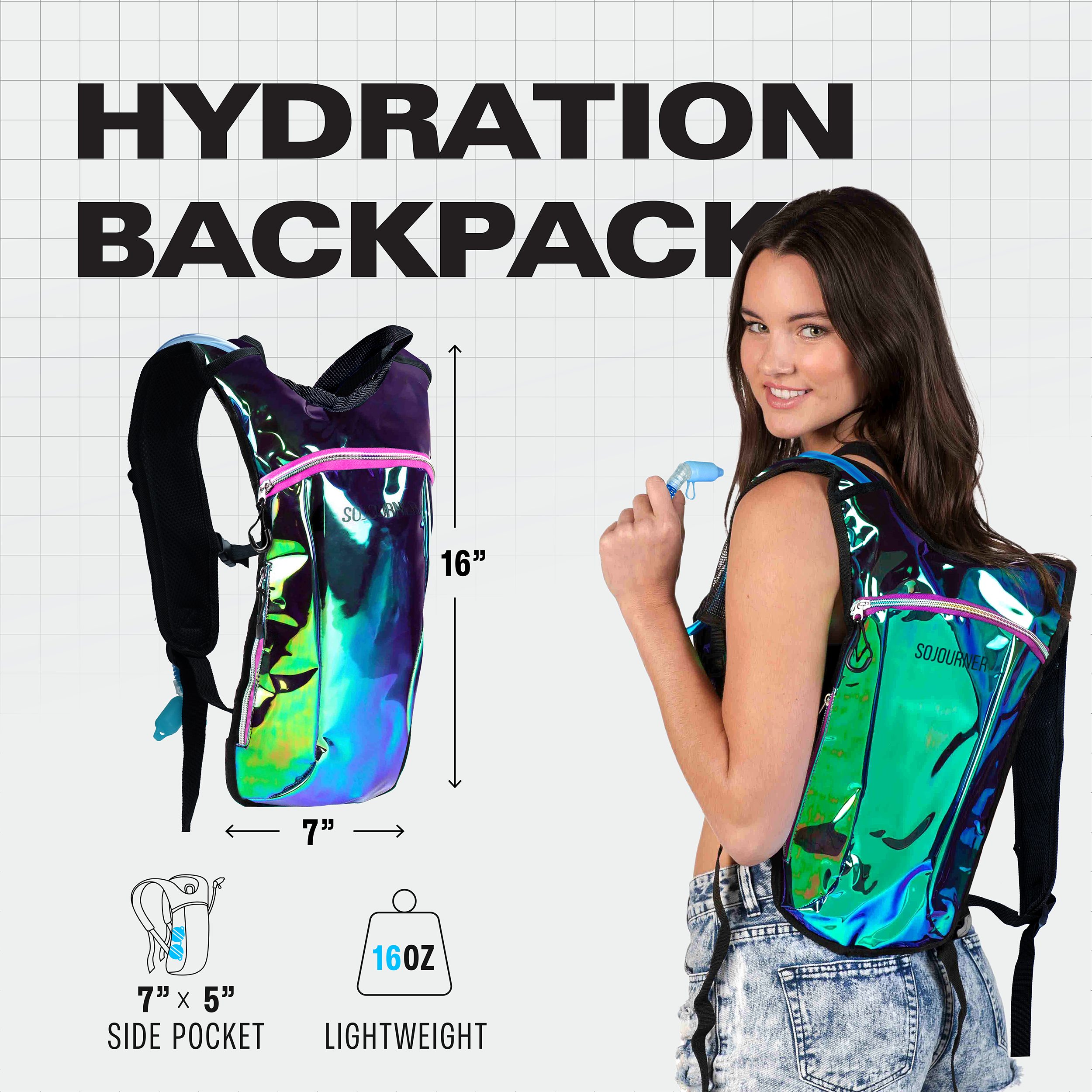 Hydration Pack Backpack (Small) with comfortable fit and vibrant design for rave outfits, showcasing side pocket and lightweight features.