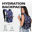 Hydration Pack Backpack (Medium) in vibrant colors shown on model, showcasing side pockets and lightweight design.
