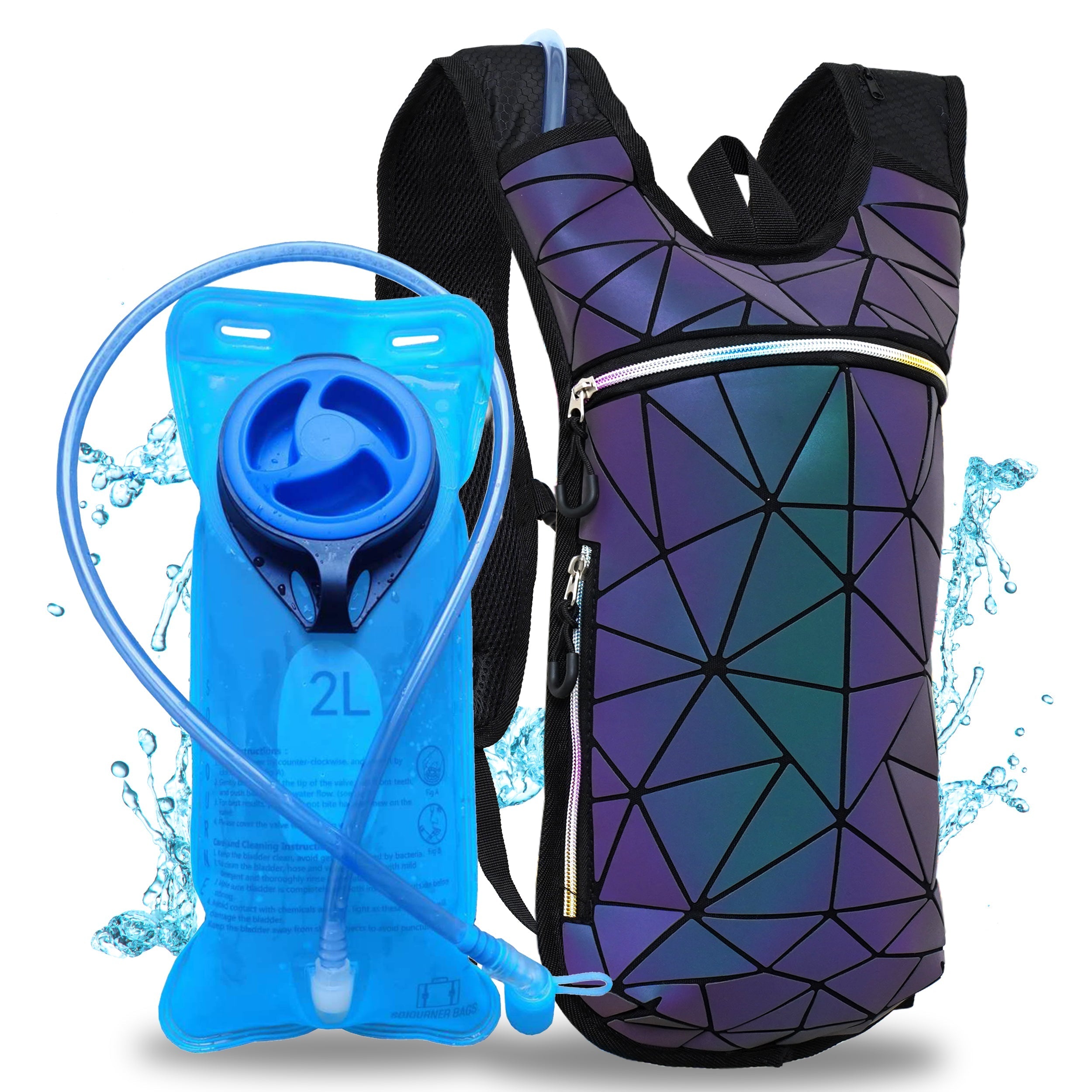 Hydration Pack Backpack (Small) with 2L hydration bladder and water tube, ideal for outdoor activities and rave outfits.